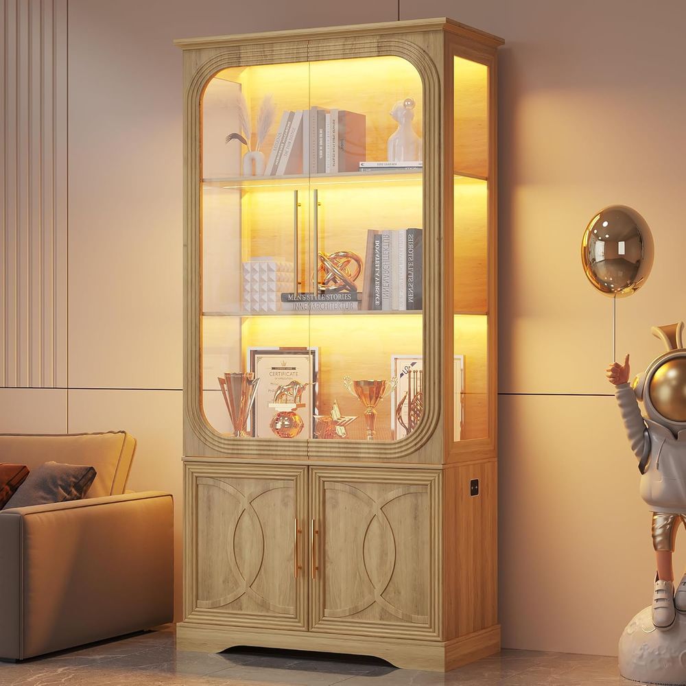 Glass Cabinet Display - 69-Zoll Eichen-Vitrine mit 5 Ebenen, LED-Beleuchtung