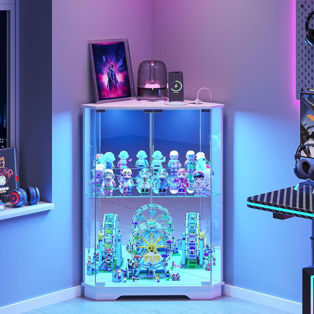 Glass Cabinet Display - 2-stöckige Glasvitrine mit LED-Beleuchtung und Ladestation
