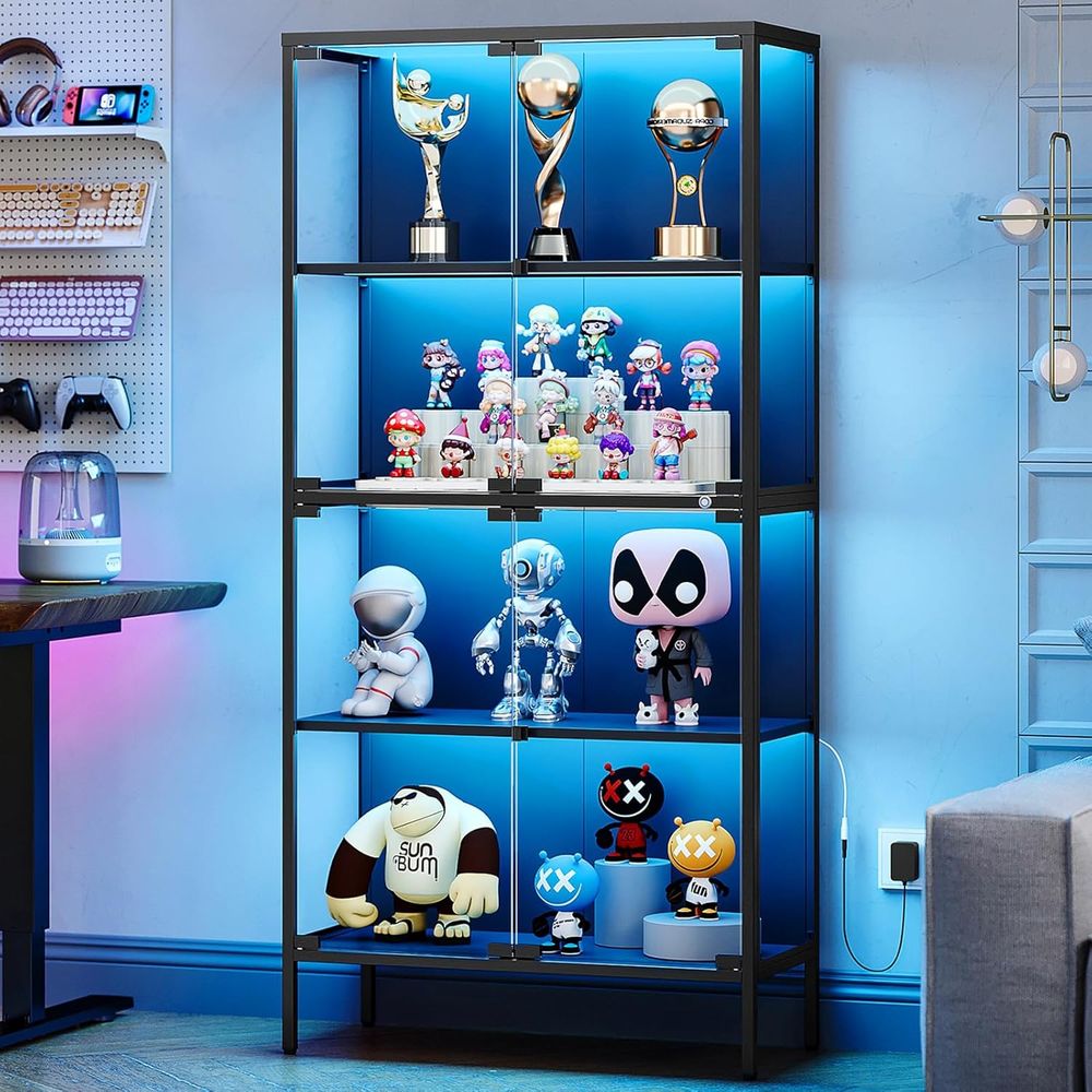 Glass Cabinet Display - 65 LED-beleuchtete Glasvitrine mit 4 Regalen